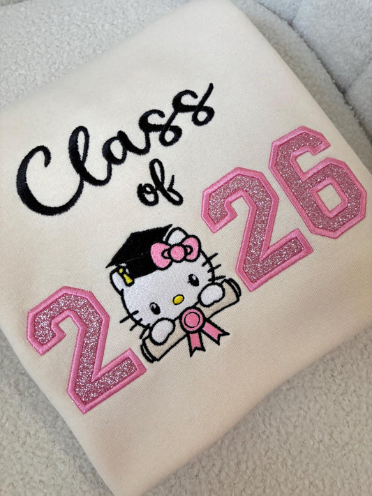Class of 2026 Hello Kitty Graduation Sweatshirt – Glitter Pink Senior Crewneck, Coquette Grad Gift, Custom Senior Sweater