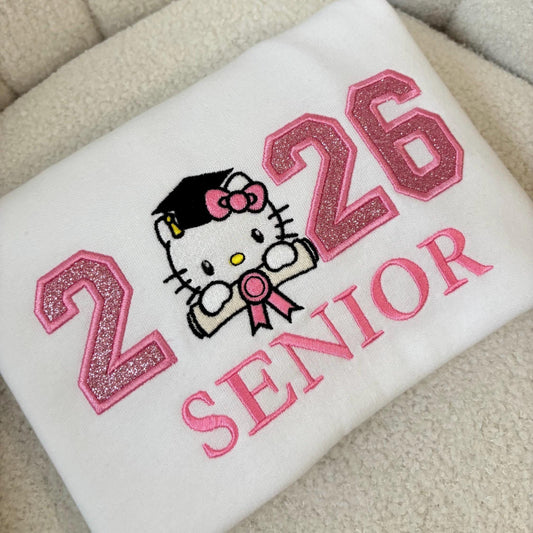 Class of 2026 Senior Sweatshirt – Hello Kitty Inspired Grad Crewneck, Glitter Pink Embroidery, Coquette Graduation Gift